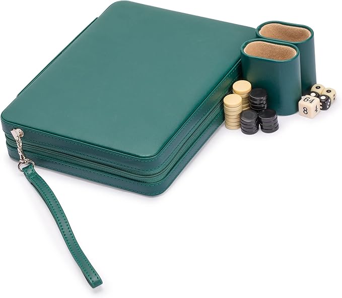 Yellow Mountain Imports Travel Size Backgammon Mini Game Set Izmir - Magnetic Checkers and 9-inch Board in Sleek Leatherette Case - Classic Strategy Board Game