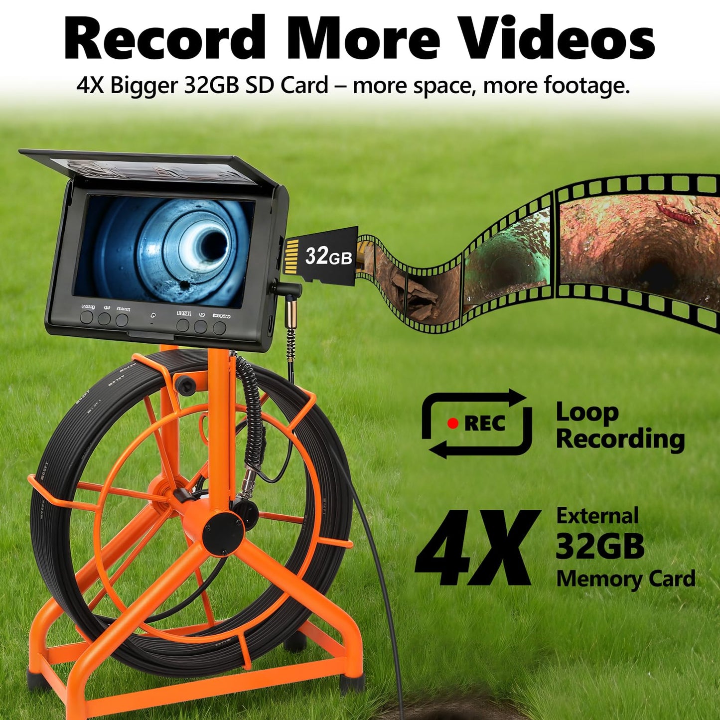 𝟐𝟎𝟐𝟔 𝐧𝐞𝐰 HD1080P Sewer Camera with DVR 32GB, 4.3" Drain Camera (Easy to Use), Pipe Inspection Camera, 5000mAh, USB-C, Endoscope Camera with 4-Level LED Lights, Cable Marking, 100ft/30M