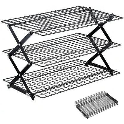 ZESHIHAOGUO 3-Tier Collapsible Cooling Rack with 3-Setting Design, Heavy-Duty Steel Baking Rack for Oven Safe Cooking & Space-Saving Storage
