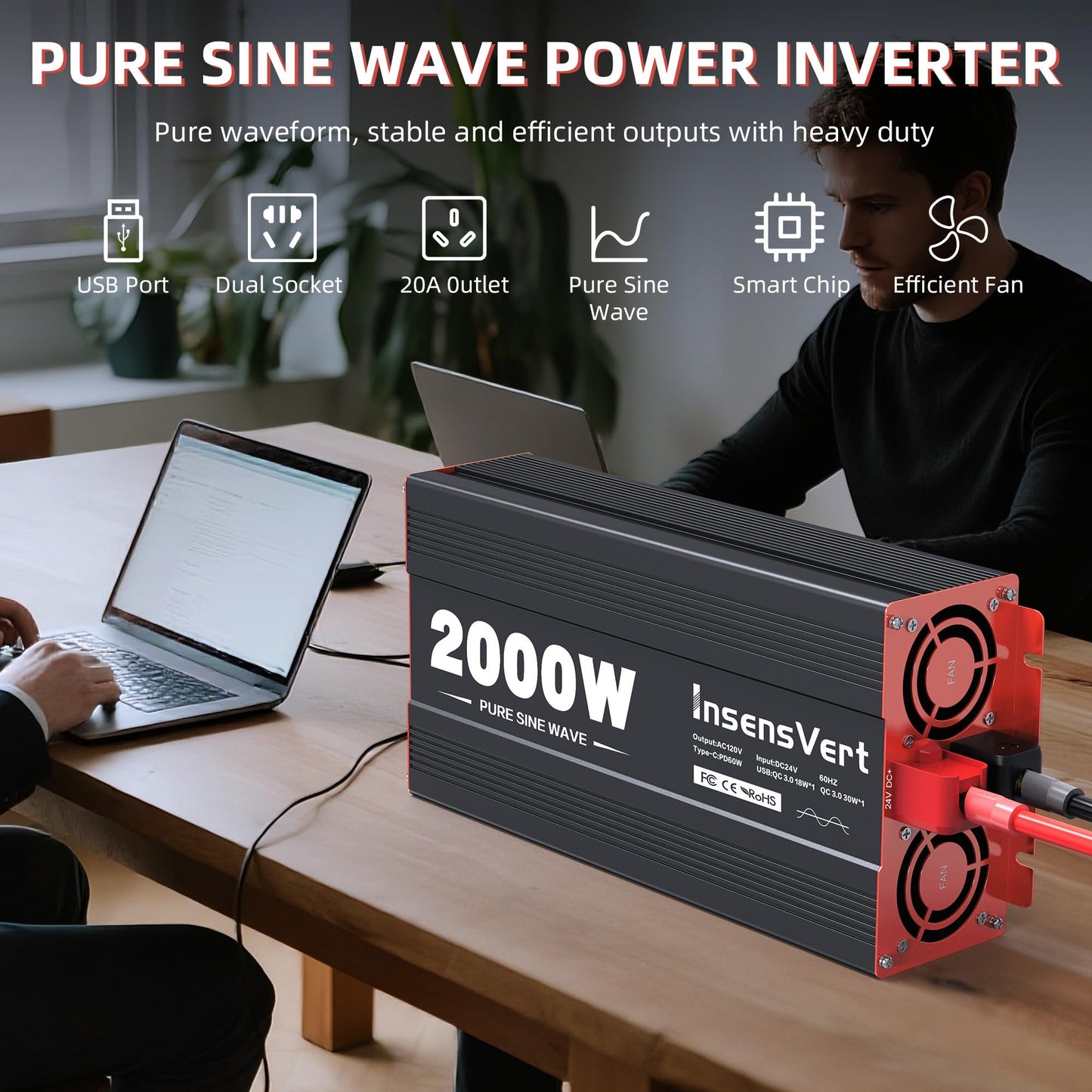 2000 Watt Pure Sine Wave Power Inverter DC 24V to 120V AC, with 2 AC,18W USB, and 30W Type-C Charging Ports, Car Solar Power Inverters with LCD Display for Home RV Truck