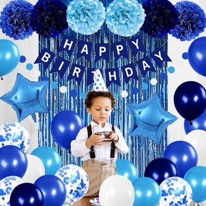 Iysoll Blue Birthday Party Decorations for Boys Men Happy Birthday Banner Balloons Navy Royal Light Blue Pom Poms Foil Curtain Décor Party Decorations for Baby Boy