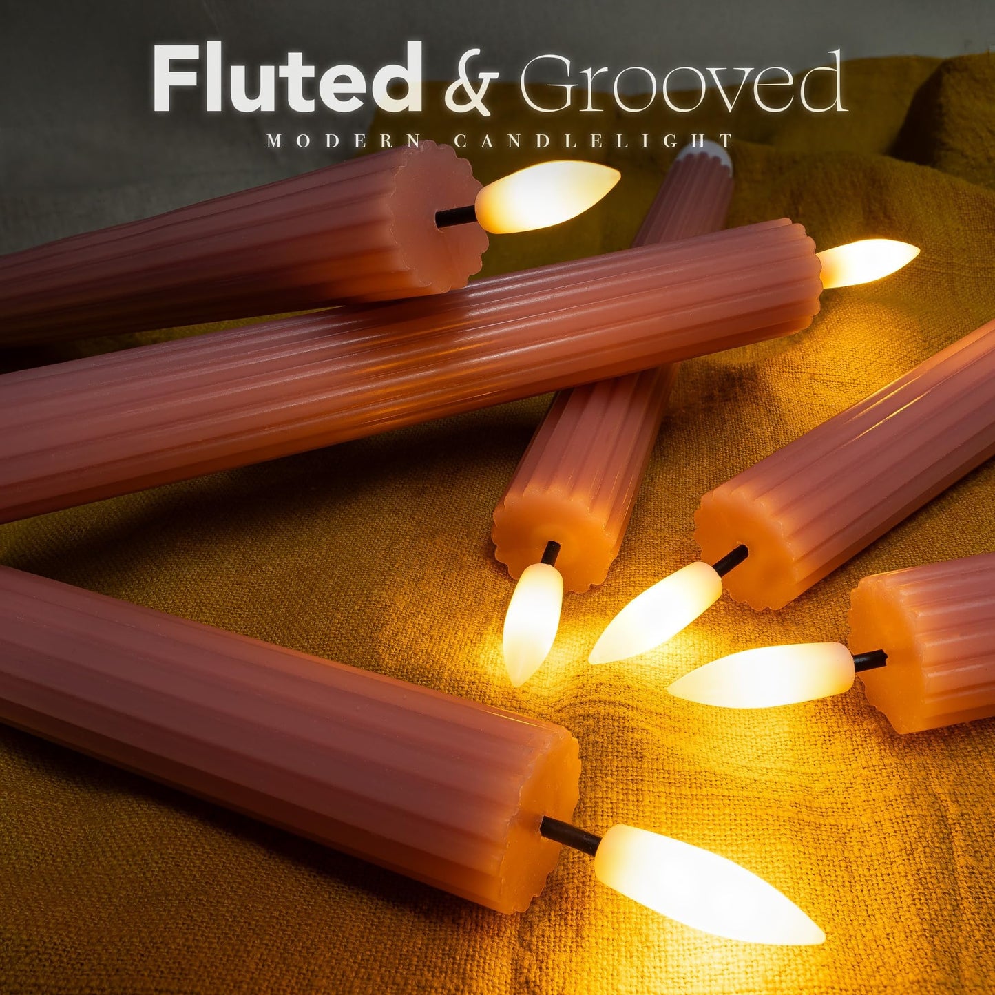West Ivory 6 Pack, 10" LED Flameless Dusty Rose Fluted Ribbed Grooved Taper Candles, Remote & 24h Timer Memory, On/Off Button, Dimmable, Flicker Mode, Battery Operated, Christmas Menorah Wedding