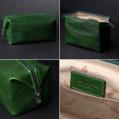 Time Resistance Leather Toiletry Bag - Italian Cosmetic Case Dopp Kit (Green)