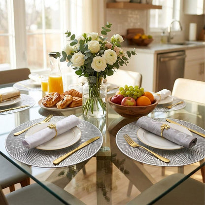 Evevda Placemats for Dining Table Set of 6 Round Hollow Out Table Mats Pressed Metallic Vinyl Plastic Place Mats Table Decoration for Holiday Wedding Accent Centerpiece(Silver Radial Circle)
