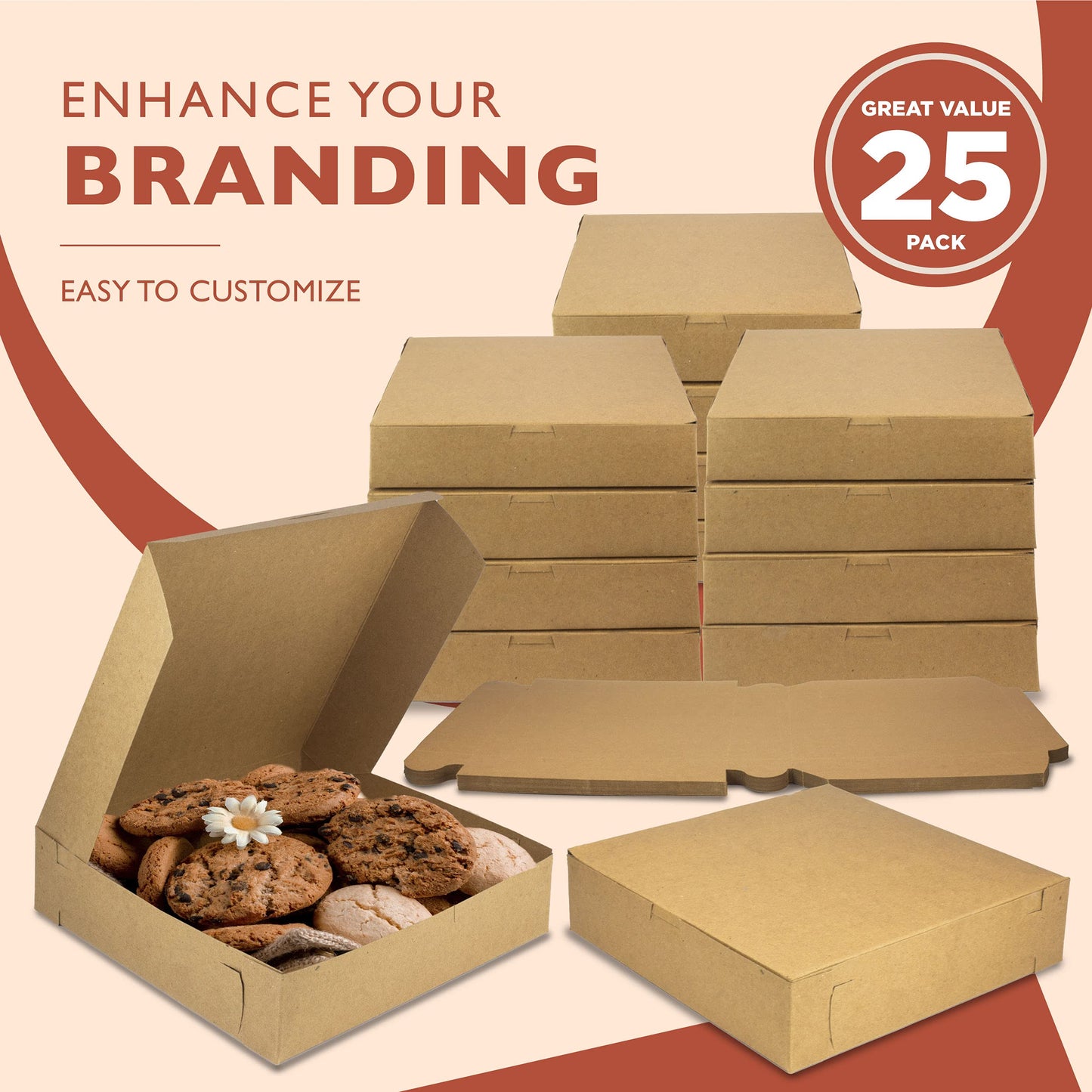 Fit Meal Prep [25 Pack Pie Boxes 10x10x2.5 Kraft Square Bakery Boxes for Cookies, Cheesecake, Chocolate Covered Strawberries, Dessert Brown Paper Cardboard Sweet Boxes for Treats