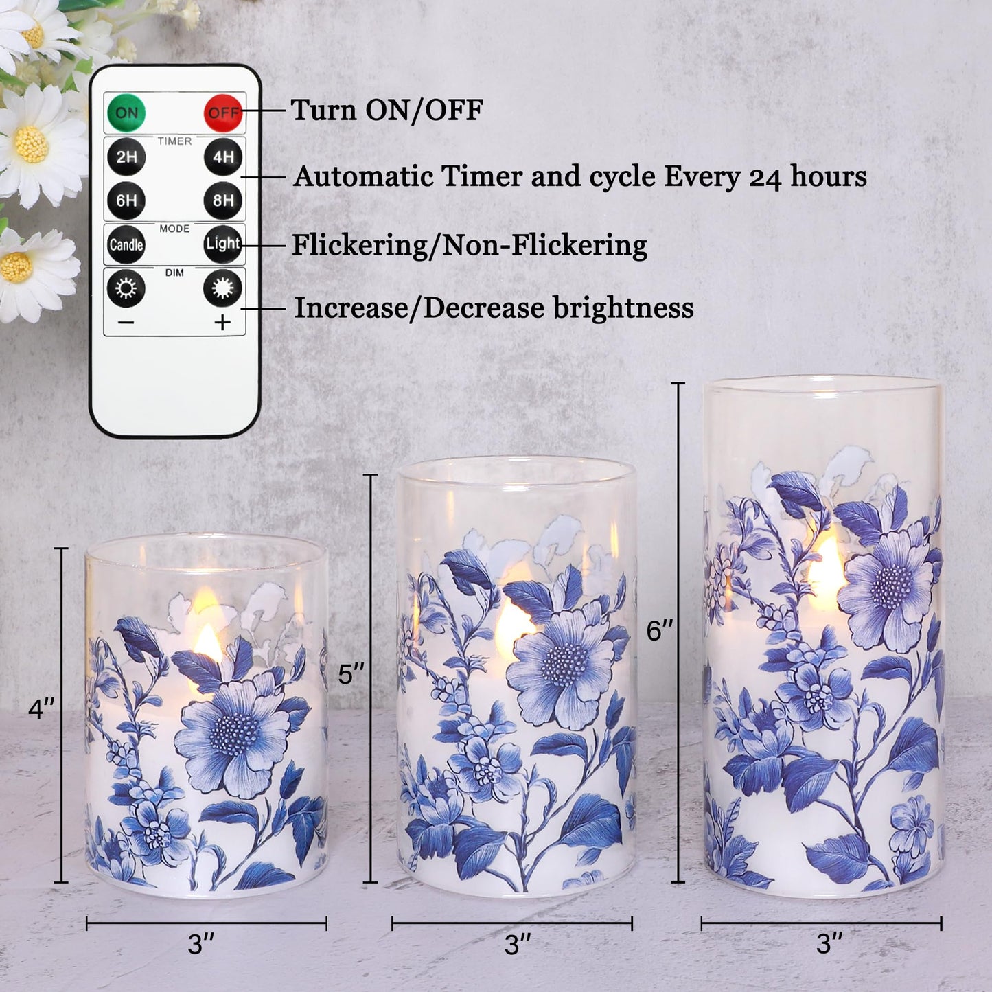 Impress Life Chinoiserie Decor Flameless Candles Blue and White Battery Operated with Remote & Timer Blue White Floral Printed Glass Flickering LED Pillar Candle for Wedding Party Home Table Decor