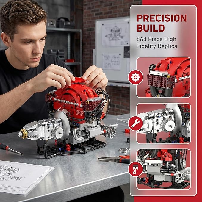 Engine Model 868PCS Building Blocks for Adults with Bluetooth App Control DIY Working Mini Engine Build Kit with Dynamic RGB Lighting STEM Engineering Kit for Builders