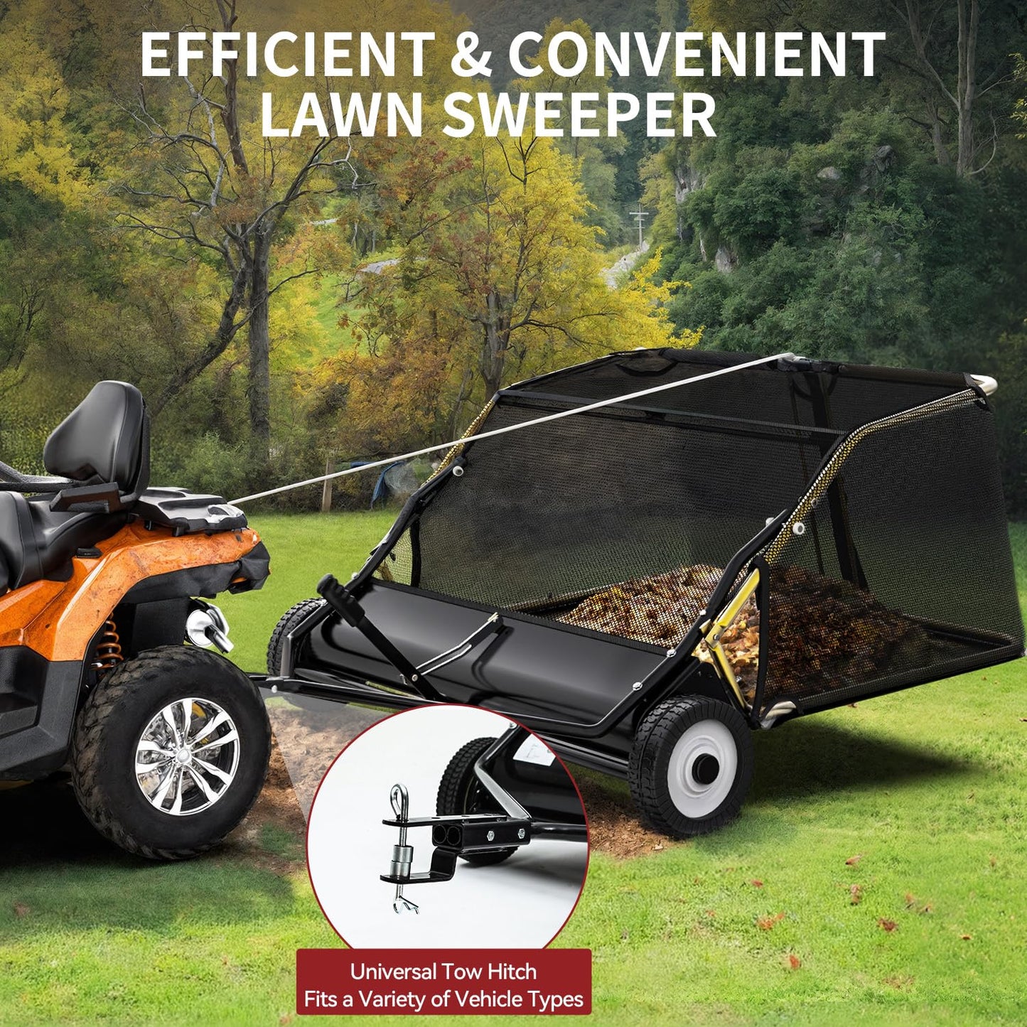 YITAMOTOR 50" Lawn Sweeper Tow Behind, Pull Behind Lawn Sweeper with Rotating Brush Drum and 25 cu. ft Large Capacity Collector for Leaves, Grass Clippings and Yard Debris