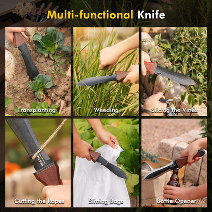 Restmo Hori Hori Garden Knife with Sheath, Durable Weeding and Planting Tool, High-Strength Stainless Steel Dual-Edge Blade, Ergonomic Walnut Handle for Gardening and Outdoor Use