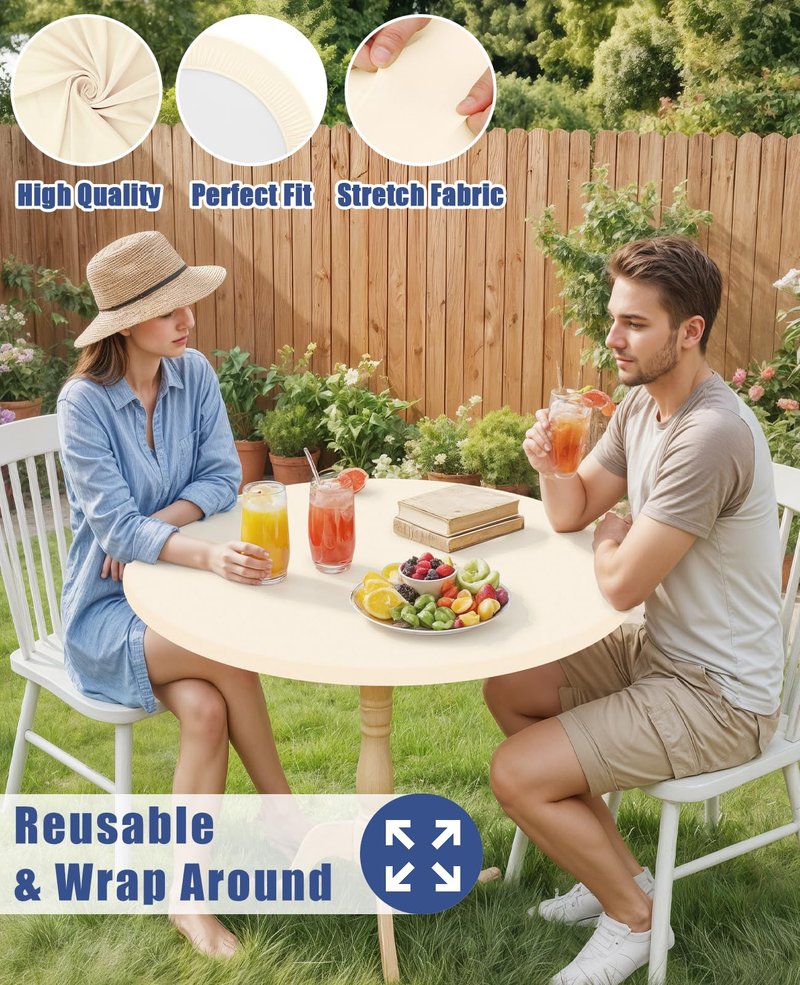 Moosfor Round Spandex Tablecloth, Elastic Fitted Waterproof Tablecloths for 57"-68" Tables, Stretch Washable Picnic Table Cover for Camping, Dining, Indoor and Outdoor, Beige