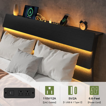 Feonase Floating Bed Frame Queen Size with Led Lights and Charging Station, Wood Queen Bed Frame with Storage Headboard, Heavy Duty Metal Slats, No Box Spring Needed, Easy Assembly, Black