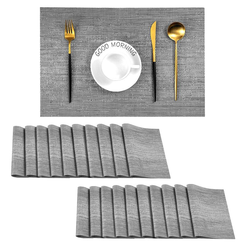 Leetaltree Grey Placemats, Heat Resistant Non-Slip Place mats for Dining Table, Washable Durable PVC Vinyl Woven Table Mats (Set of 20)