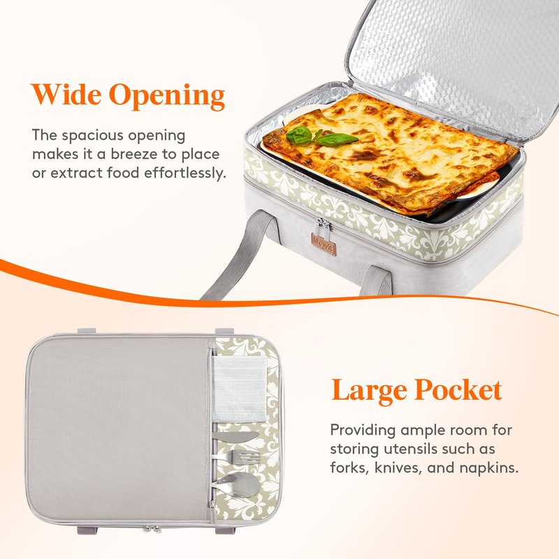 Lifewit Insulated Double Decker Casserole Carrier for Hot or Cold Food, Lasagna Lugger Holder Fits 9" x 13" Baking Dish, Thermal Lunch Tote Bag for Potluck Parties, Picnic and Cookouts, Grey