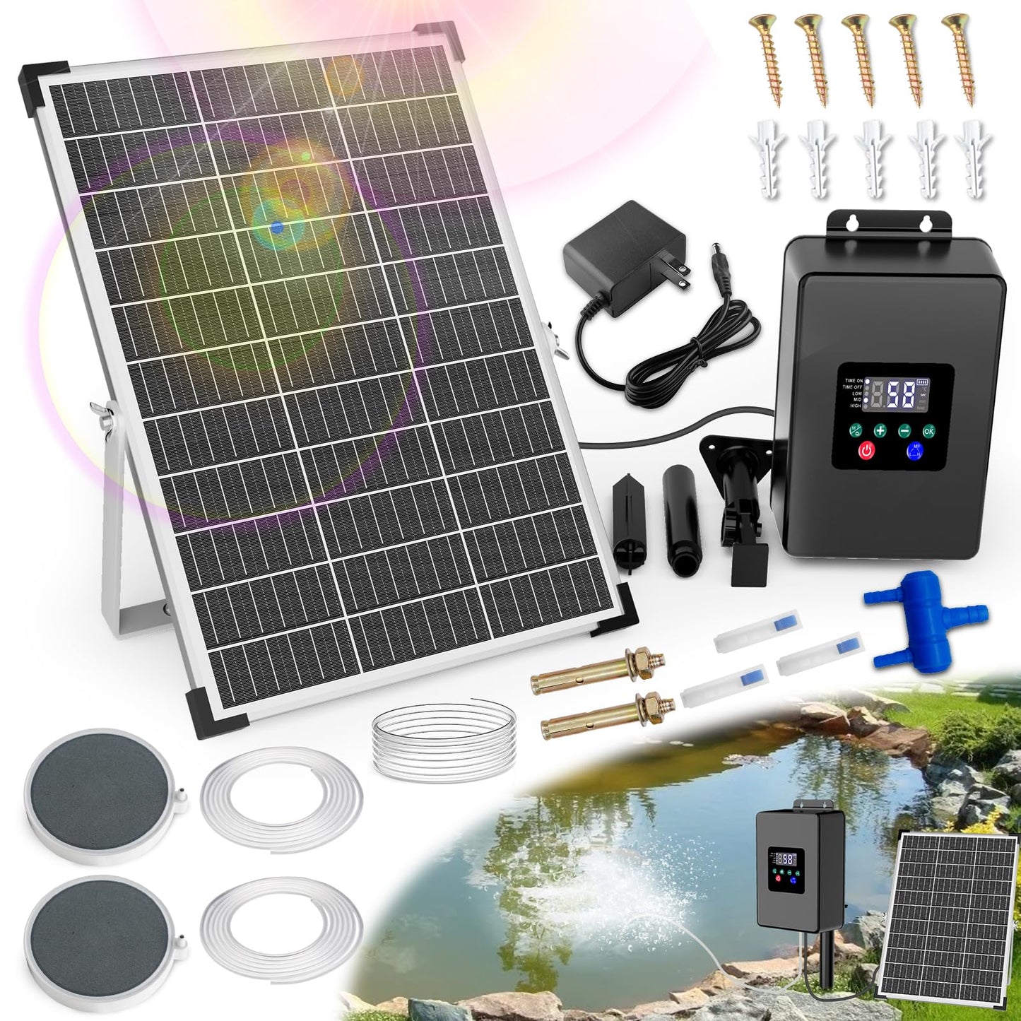 Lewisia Solar Pond Aerator Air Pump Battery with Air Hoses and Bubble Stones Fish Tank Bubble Oxygenator 30W