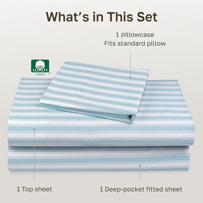 California Design Den Twin XL Cotton Sheets Set - 100% Soft Cotton, 400 Thread Count, Award-Winning Cape Stripe Blue