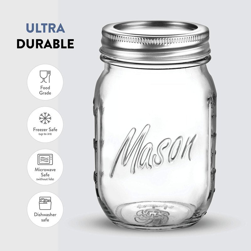 Paksh Novelty Mason Jars 16 oz - 6-Pack Regular Mouth Glass Jars with Lid & Seal Bands - Airtight Container for Pickling, Canning, Candles, Home Decor, Overnight Oats, Fruit Preserves, Jam or Jelly