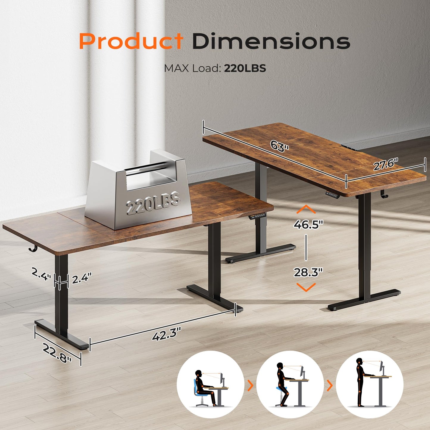 Huuger 61 x 28 Large Electric Standing Desk, Height Adjustable Computer Desk and Drafting Chair with Back Bundle
