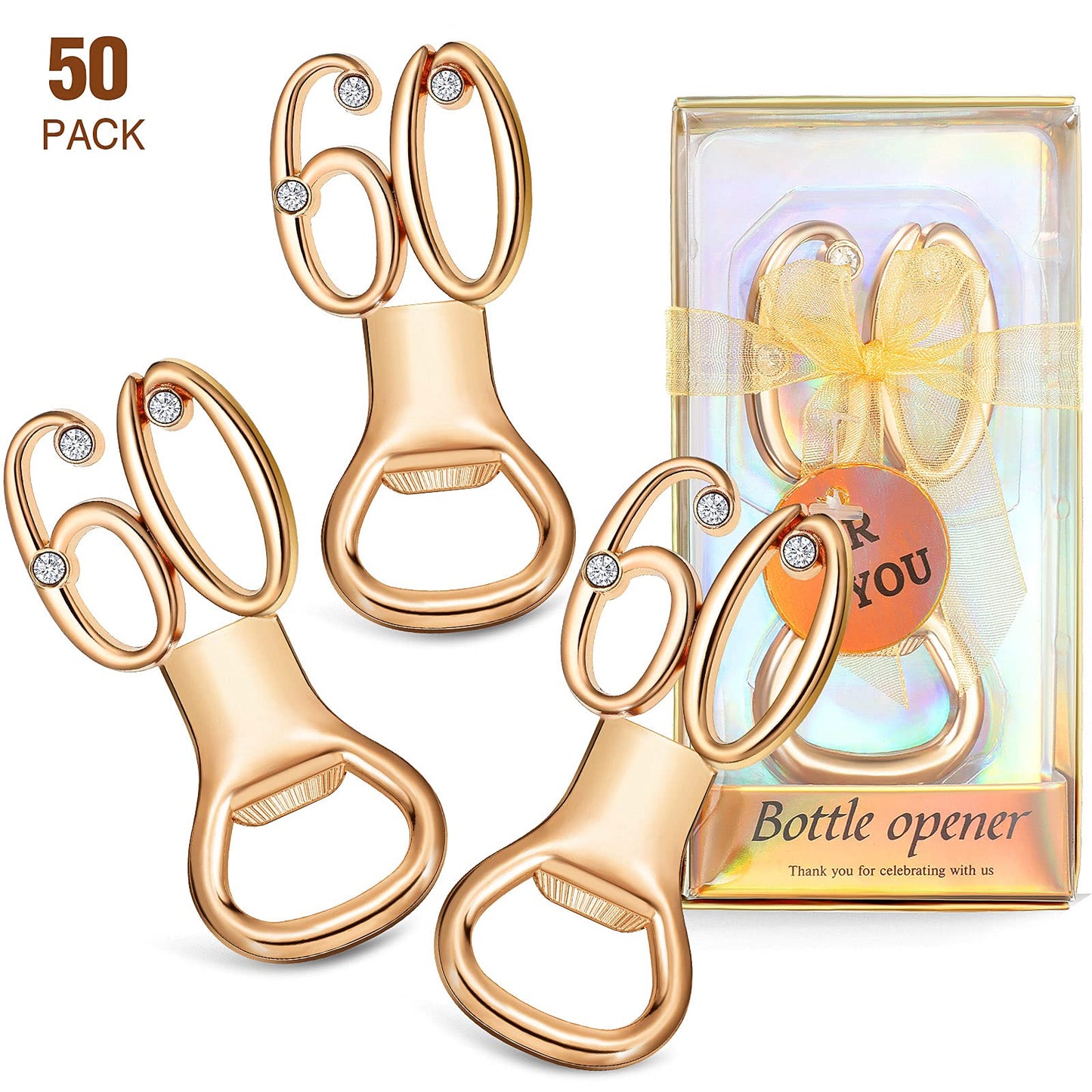 Boao 50 Pcs Birthday Bottle Opener Party Favors Rhinestones Birthday Souvenirs Wedding Anniversary for Guests Beer Opener Party Favors Decoration(Gold,60th Style)