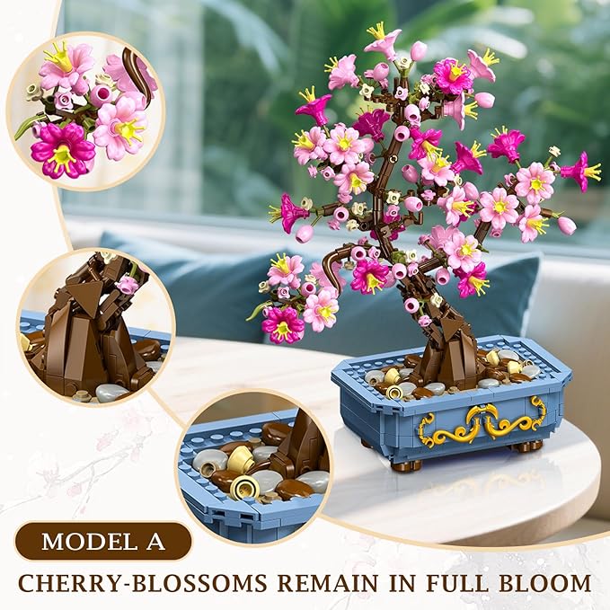 HOGOKIDS Flowers Cherry-Blossom Bonsai Building Set - 2 in 1 Artificial Bonsai Tree Plants for Home Decor &amp Display Cherry Botanical Building Blocks Birthday Easter Gift for Adults Teens (775PCS)
