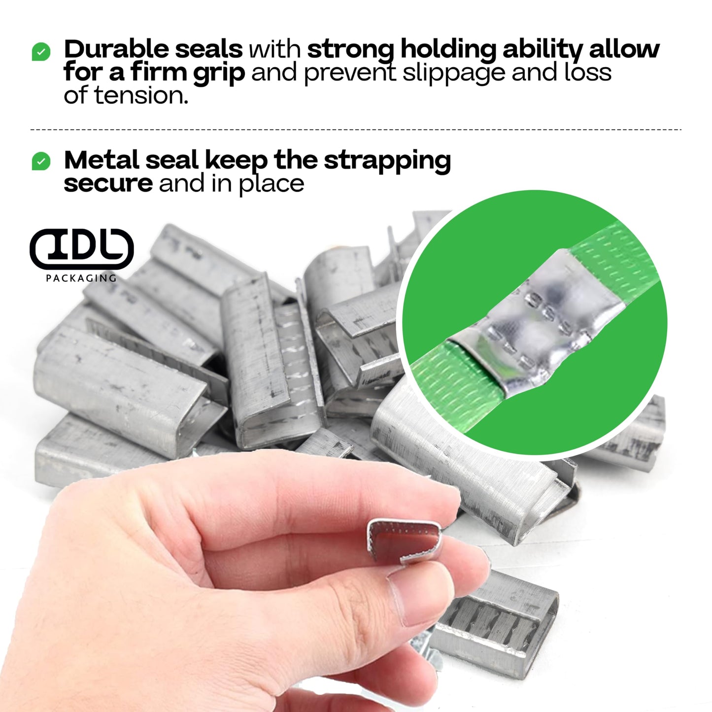 IDL Packaging Open Serrated Seals for 5/8" Strap Width Polyester (PET) Strapping (Pack of 500) – Increased Load Securement Due to Serrated Design of Strapping Clips