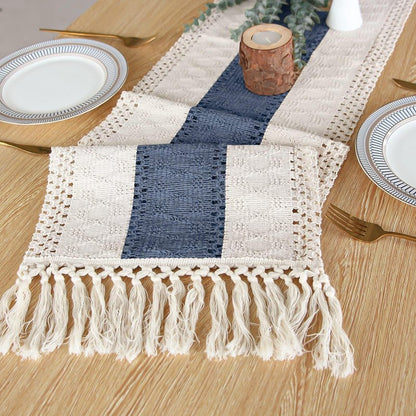 FEXIA Boho Blue Table Runner 72 Inches Long with Tassels Macrame Farmhouse Style Party Rustic Wedding Baby Bridal Shower Dining Decor (12x72 Inches)