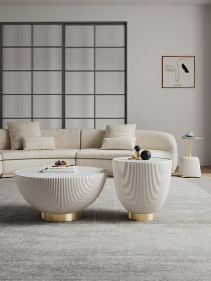 Manhattan Comfort Modern Anderson Coffee Table, 1.0 & 2.0 End Table, Upholstered in Cream Leatherette with Ceramic Faux Tabletop and Gold Metal Tabletop- Set of 3