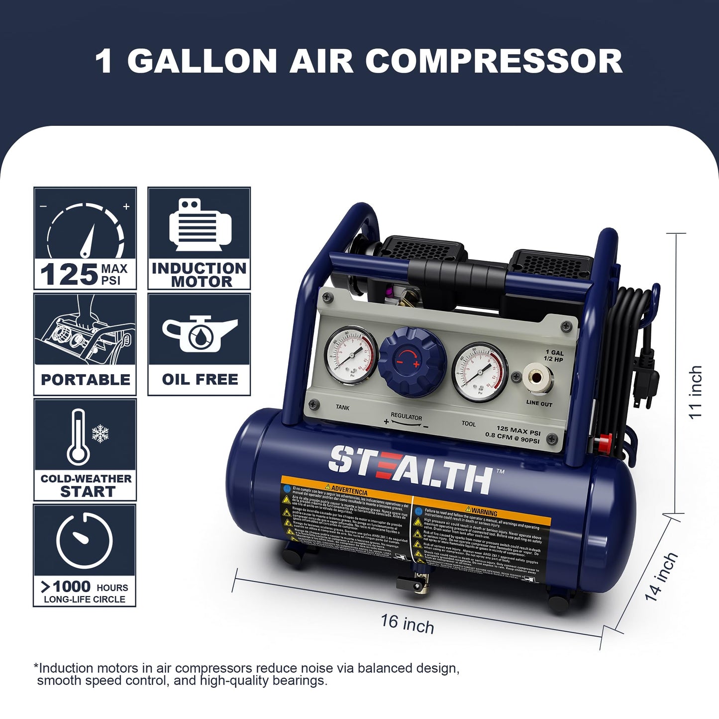 STEALTH Air Compressor 1 Gallon, 1/2HP Max 125 PSI, Induction Motor, 0.8 CFM@90PSI, 1.3 CFM@40PSI, Oil-Free Maintenance Free Light Weight Electric Air Tools for Drilling, Nailing, Grinding, SAUQ-1105