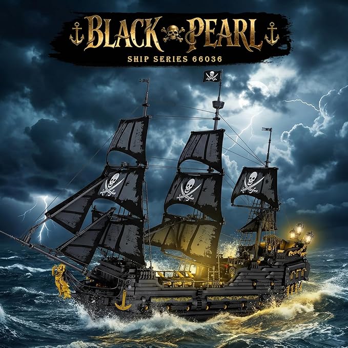 Reobrix Pirate Ship Building Set with LED Lights Collectible Large Black Pearl Model Kit Black Ship Building Toys for Adults 66036 Ship Sailboat for Home Decor Gift for Pirate Ship Fans 14+