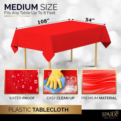 Amcrate Red Plastic Tablecloth Disposable, 6 Pack Premium Tablecloths for Rectangle Tables 54 inch. x 108 inch. Fits Tables Up to 8 Feet, Plastic Table Cloth for Party, Wedding, Holidays