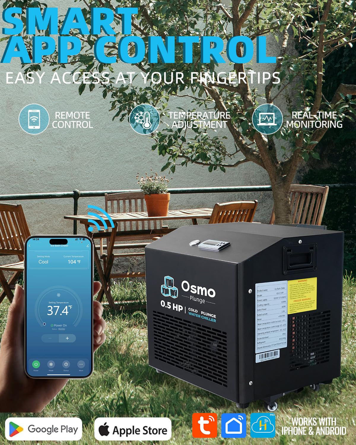 1/2 HP Ice Bath Chiller Cold Plunge Water Chiller for Home Use Compatible with Cold Tubs 1200W Fast Cooling, App-Enabled Temperature Control, Low Noise, IPX4 Splash Resistant