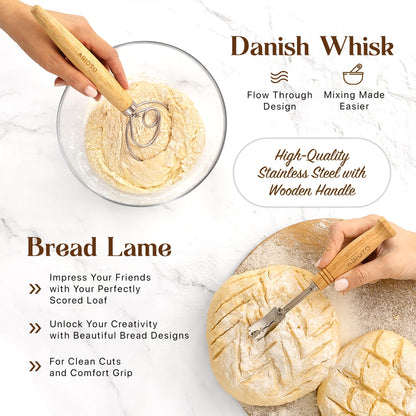 Banneton Bread Proofing Basket Set with Sourdough Bread Baking Supplies, A Complete Sourdough Starter Kit with Bread Lame, Danish Whish, Bowl & Dough Scraper, 2 Bread Slings, and Baking Mat
