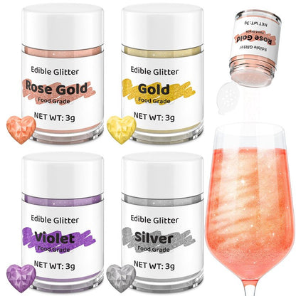Cherrysea Food Coloring Edible Glitter Drink Shimmer 4 Colors No Taste Food Grade Edible Luster Dust Powder Set for Cocktails Champagne Beverages,Vegan, Gluten Free - 3g/Bottle