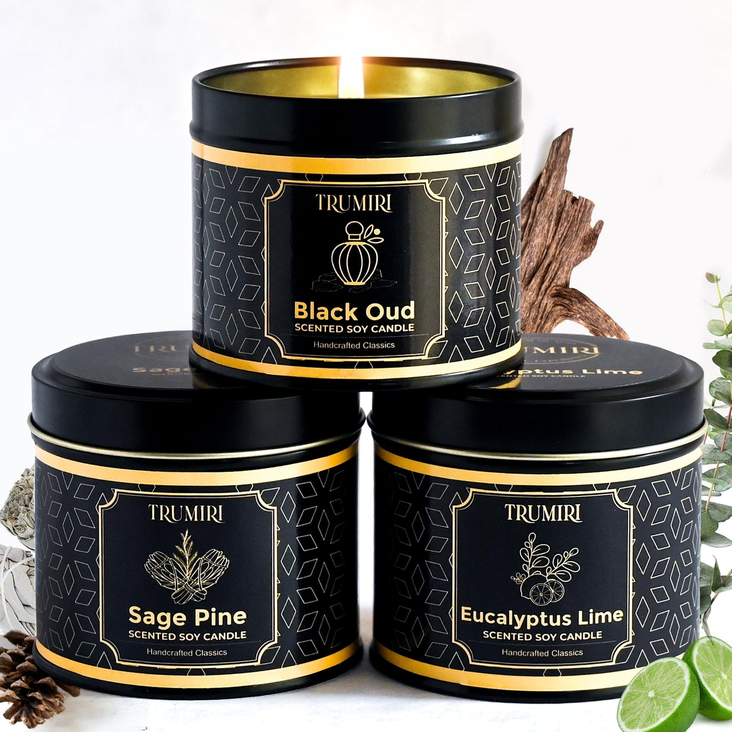Candle Gift Set of 3 Black Oud|Sage Pine|Eucalyptus Lime Strong Scented Soy Candels Clean Non Toxic Velas Aromáticas Favors for Women Coworkers Friends Guests Also for Fall Diwali Christmas Holidays