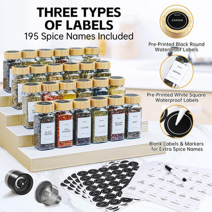Spice Jars, 24 Pcs 4oz Seasoning Jars with Label, Glass Jars with Bamboo Lids, Spice Containers Bottles with Pepper Grinder & Stainless Steel Funnel for Seasoning Organizer, Cabinet, Drawer