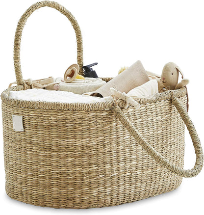 BEBE BASK Premium Baby Diaper Caddy Organizer - Artisan-Made Seagrass Basket With Cotton Divider - Award-Winning & Luxury Diaper Caddy Basket (ROSA)