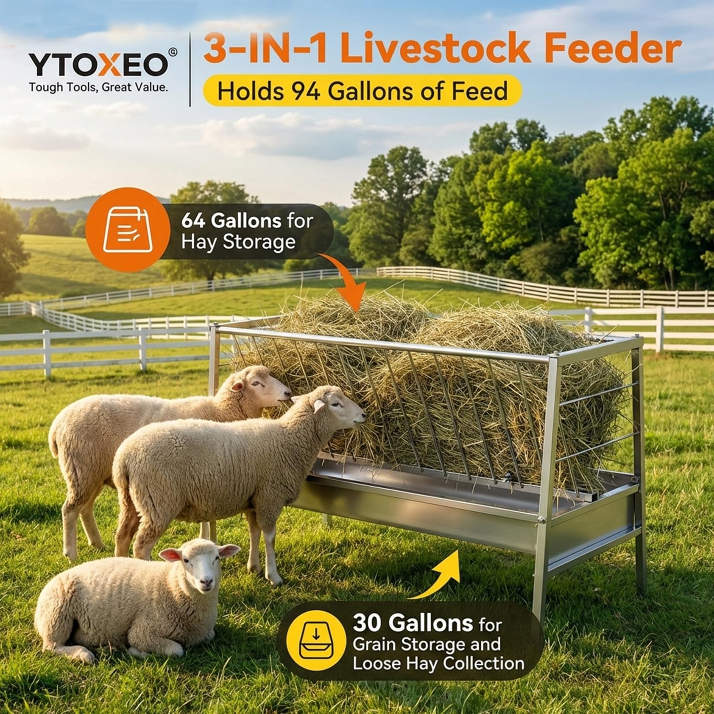 Stainless Steel Goat Sheep Feeder, 94-Gallon Grain|Water|Hay Feeder, 8.0'' Deeper|59" Long Feeding Pan, Livestock Hay Rack for Barn, Pasture, Cow Shed, Courtyard