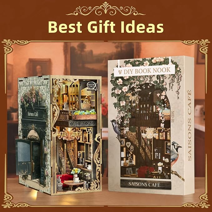 Book Nook Kit DIY Miniature Dollhouse Kit 3D Puzzles for Adults Tiny House Mini Home Craft Bookshelf Nook Puzzle Book Decor Gifts for Teenagers Book Lovers (Saisons Café)