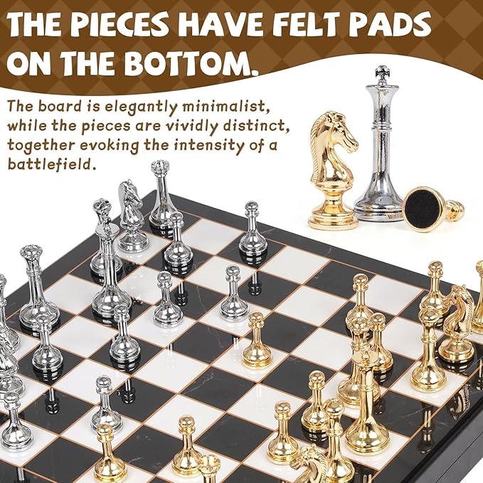 Metal Chess Set for Adults &amp Kids Zinc Alloy Chess Pieces with Marbled Chess Board 11.5 Inch Travel Chess Set with Two Extra Queens Classic Strategy Board Game for Beginners Professionals