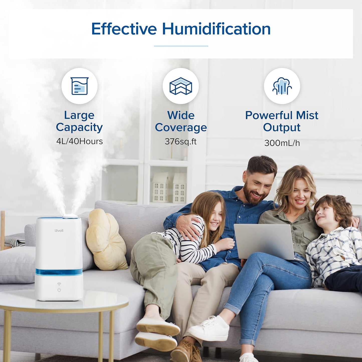 LEVOIT 4L Humidifiers for Bedroom Large Room & Essential Oil Diffuser, Quiet Cool Mist for Home, Baby and Plants, Last up to 40Hours, Dual 360° Rotation Nozzles, Handle Design, Auto Shut Off, Blue