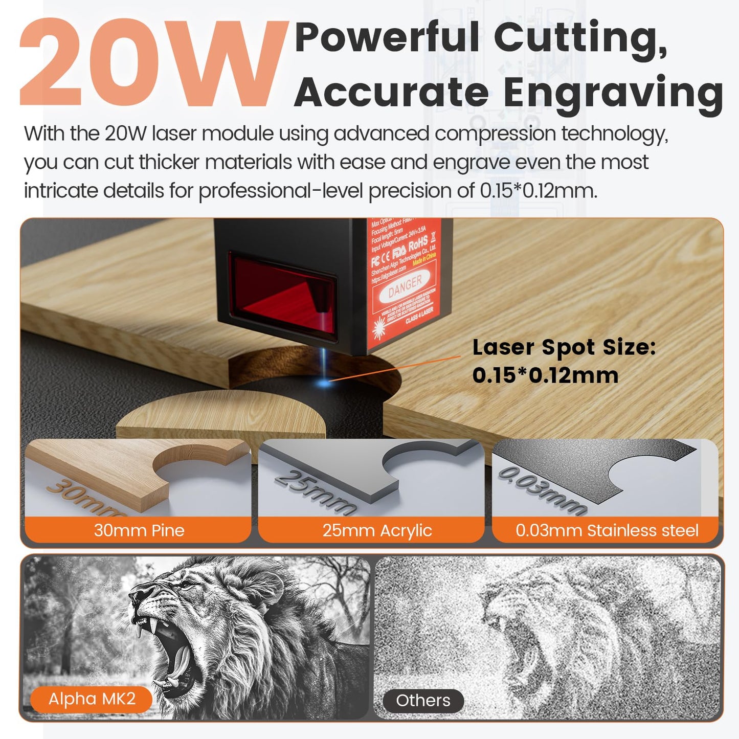 Algolaser 20W Laser Engraver Machine - Laser Cutter/Engraver with Air Assist Kit - Laser Engraving Machine with 3.5" Smart Touchscreen & AlgoOS System, Laser Engraver for Wood,Metal,Glass