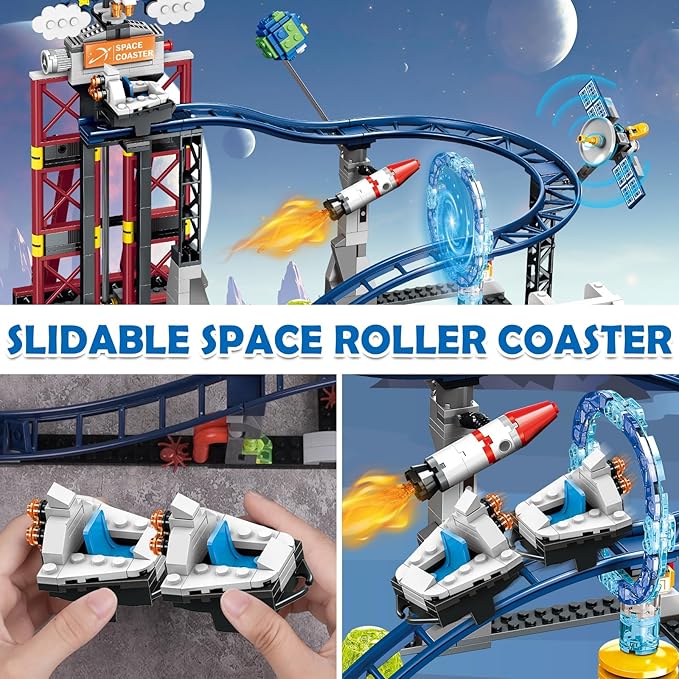 HOGOKIDS Space Roller Coaster Building Toy 926PCS Coaster Building Set Features Lift Platform Satellites Rocket Buildable Space Rollercoaster Adventure Park for Adults Kids Girl Boy Ages 6+years old