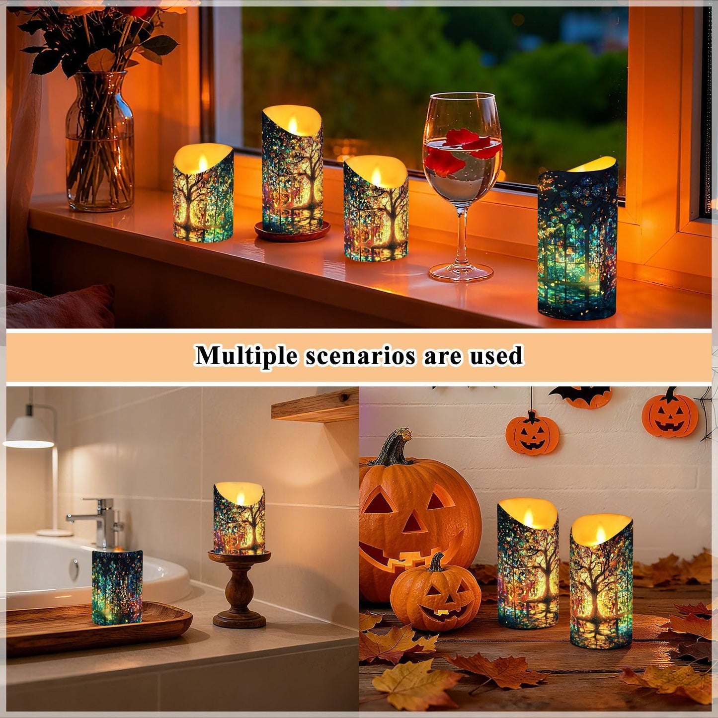 ZRYSMY Stain Glass Tree Flameless LED Candles with Remote and Timer - 5.9”x3”, 2 Pack, Battery-Operated Flickering Pillar Candles for Home Decor