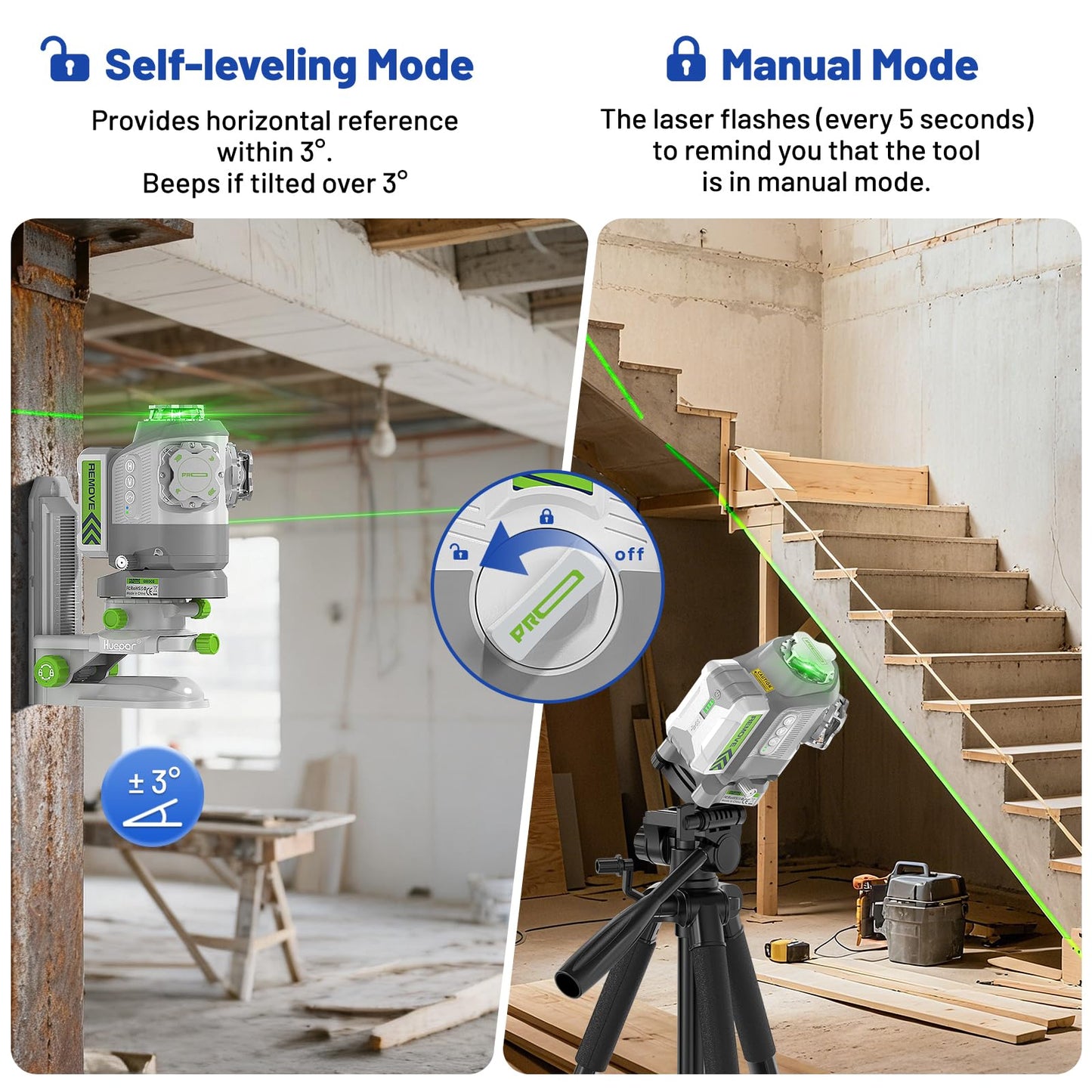 Huepar Pro 2026 New Outdoor Laser Level 360 Self Leveling with Fixed-Point Pivot Alignment, 3x360 Green Lazer Leveler Tool-Remote Control &Rechargeable Battery, 1/13" Accuracy for Construction GS03CG