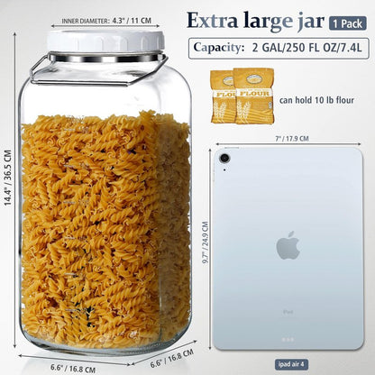Folinstall 2 Gallon Large Glass Jar with Lid, Wide Mouth Storage Jars with Stainless Handle, Extra Big Glass Container with 2 Scale Mark for Storing Food, Kitchen Organization, 7400 ML/250 OZ