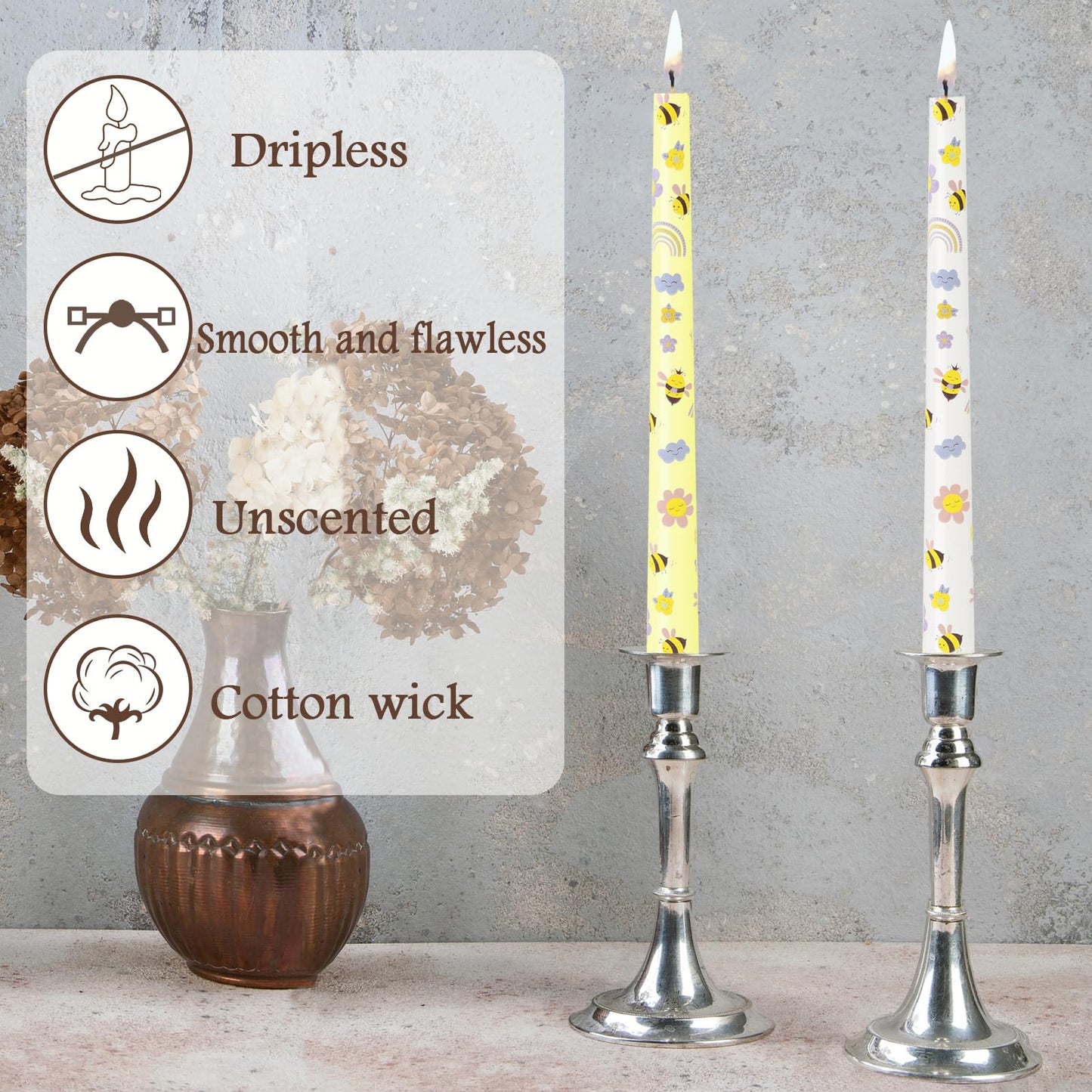 W&LESVAGO 10 Inch Yellow Bee Print Taper Candles, 4 Pack Unscented No-Drip Low-Smoke Long Wax Candlesticks for World Bee Day, Wedding, Party, and Dinner Table Decor (AY2)