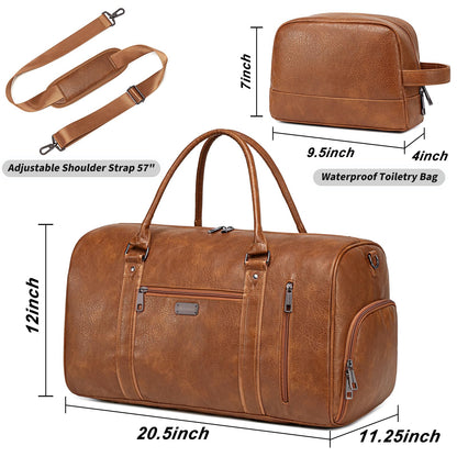 Large Travel Duffel Bag for Women Men, Faux Leather Weekender Overnight Bag with Shoe Compartment, Waterproof Carry On Bag with Toiletry Bag, Travel Tote Bag Gym Bag (Brown)