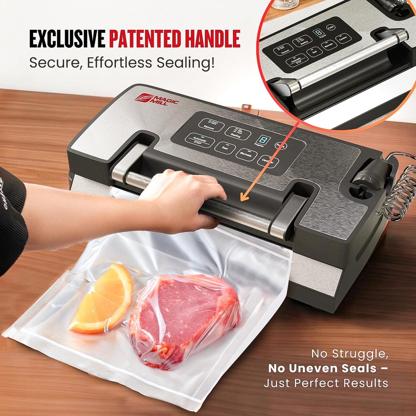 Magic Mill Pro Liquid Vacuum Sealer Machine, New Patent Technology for Liquid, Dry, Moist Food, Upgraded Handle Lock, 90Kpa Bag Storage, Built-in Cutter, Removable Drip Tray, Double Seal for Freshness