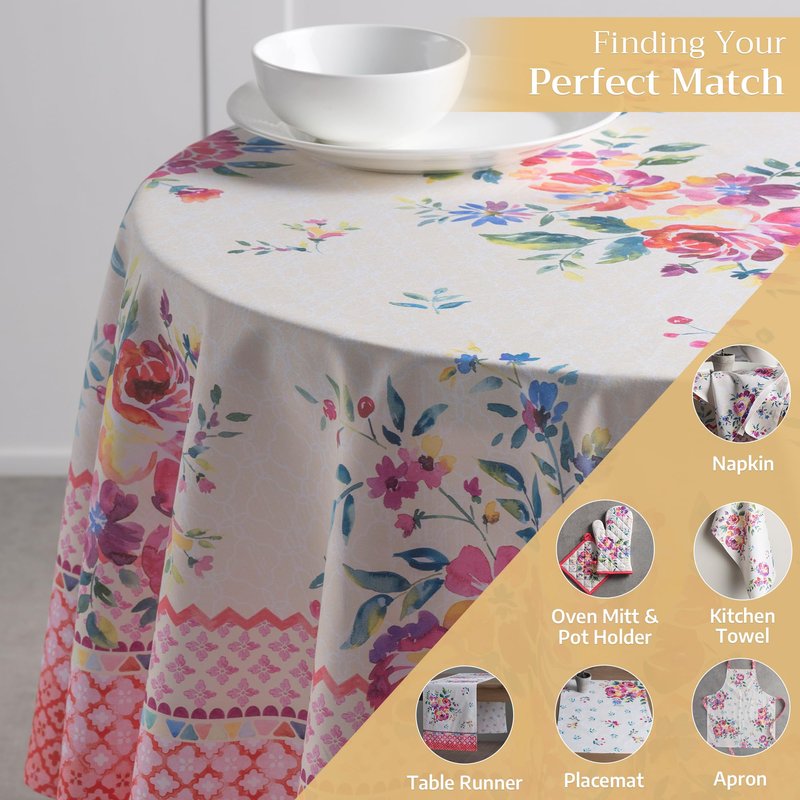 Maison d' Hermine Table Cloth Round Table 100% Cotton 63 Round Inches Tablecloth Reusable Decorative for Dining Kitchen Room Farmhouse Home Gifts for Mothers Day Spring Summer - Rose Garden