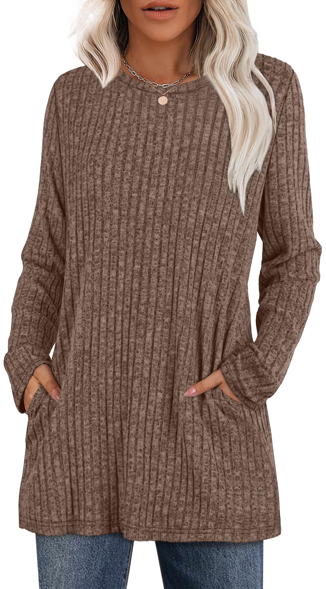 XIEERDUO Long Sleeve Shirts for Women Crewneck Tunic Tops Loose Fit Dressy Womens Sweaters with Pockets Fall Fashion 2025