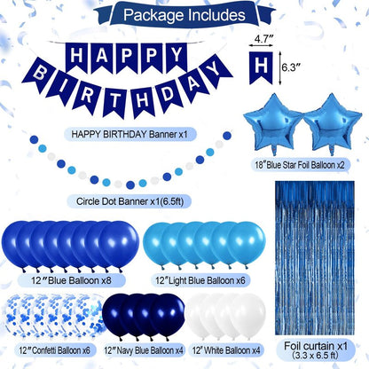 Iysoll Blue Birthday Party Decorations for Boys Men Happy Birthday Banner Balloons Navy Royal Light Blue Pom Poms Foil Curtain Décor Party Decorations for Baby Boy